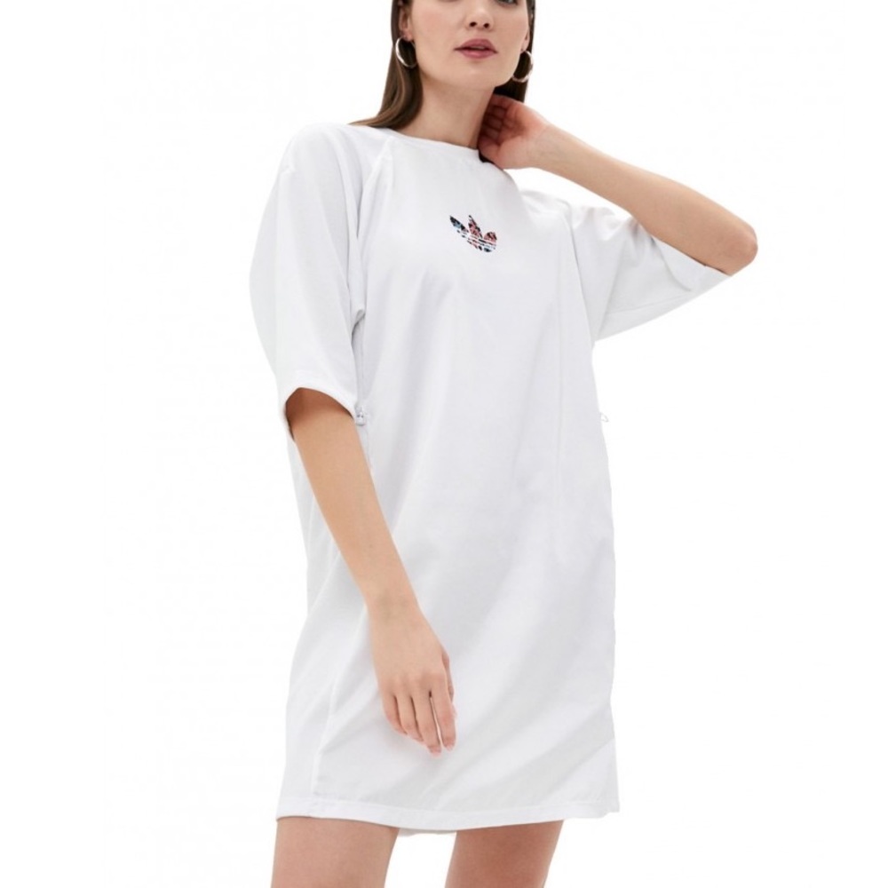 ADIDAS ORIGINALS Women’s White Tee Dress Drawcord at Waist GN3115 Sz S